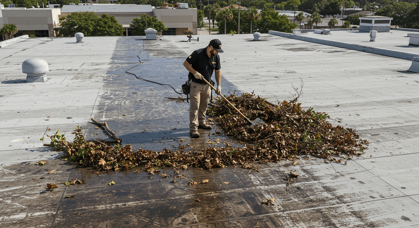 Roofer in a black polo t-shirt clearing debris from a commercial roof in Bradenton to maintain proper drainage.