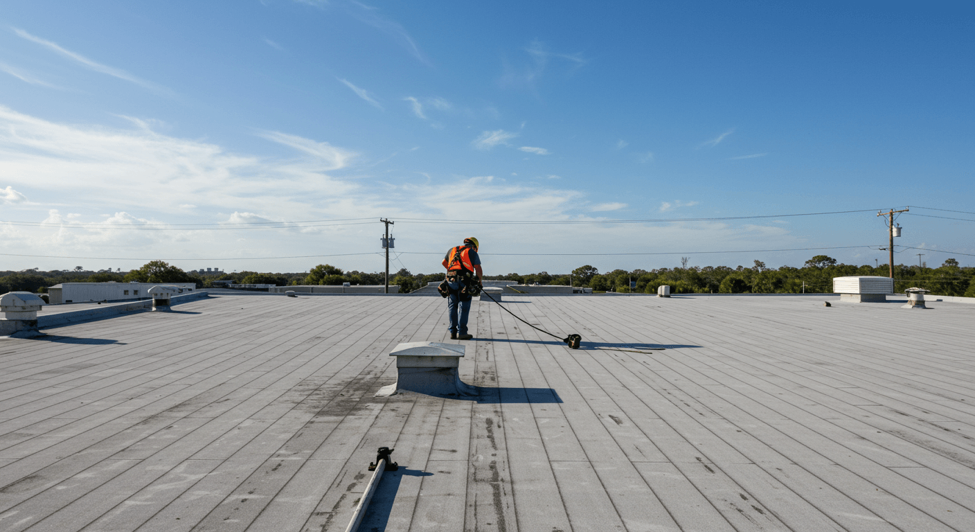 Roofer inspecting a commercial roof in Bradenton for early signs of wear, cracks, and sagging.